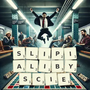 Kreatywna ilustracja do gry w Scrabble ze słowem SLIPIALIBYSCIE ułożonym z płytek na planszy.