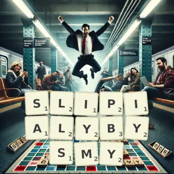 Kreatywna ilustracja do gry w Scrabble ze słowem SLIPIALYBYSMY ułożonym z płytek na planszy.