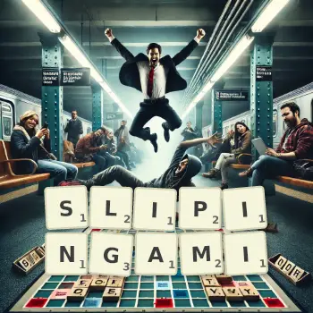 Kreatywna ilustracja do gry w Scrabble ze słowem SLIPINGAMI ułożonym z płytek na planszy.