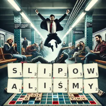 Kreatywna ilustracja do gry w Scrabble ze słowem SLIPOWALIŚMY ułożonym z płytek na planszy.