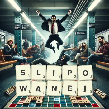 Kreatywna ilustracja do gry w Scrabble ze słowem SLIPOWANEJ ułożonym z płytek na planszy.