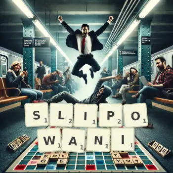 Kreatywna ilustracja do gry w Scrabble ze słowem SLIPOWANI ułożonym z płytek na planszy.