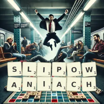 Kreatywna ilustracja do gry w Scrabble ze słowem SLIPOWANIACH ułożonym z płytek na planszy.