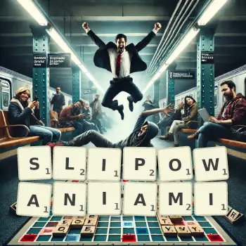 Kreatywna ilustracja do gry w Scrabble ze słowem SLIPOWANIAMI ułożonym z płytek na planszy.