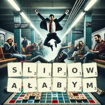Kreatywna ilustracja do gry w Scrabble ze słowem SLIPOWAŁABYM ułożonym z płytek na planszy.