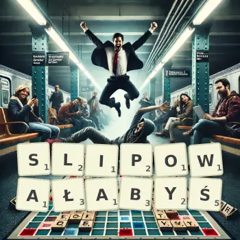 Kreatywna ilustracja do gry w Scrabble ze słowem SLIPOWAŁABYŚ ułożonym z płytek na planszy.
