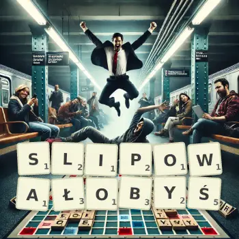 Kreatywna ilustracja do gry w Scrabble ze słowem SLIPOWAŁOBYŚ ułożonym z płytek na planszy.
