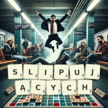 Kreatywna ilustracja do gry w Scrabble ze słowem SLIPUJĄCYCH ułożonym z płytek na planszy.