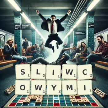 Kreatywna ilustracja do gry w Scrabble ze słowem SLIWCOWYMI ułożonym z płytek na planszy.