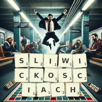 Kreatywna ilustracja do gry w Scrabble ze słowem SLIWICKOSCIACH ułożonym z płytek na planszy.