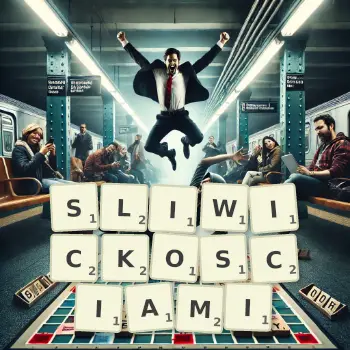 Kreatywna ilustracja do gry w Scrabble ze słowem SLIWICKOSCIAMI ułożonym z płytek na planszy.