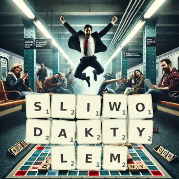 Kreatywna ilustracja do gry w Scrabble ze słowem SLIWODAKTYLEM ułożonym z płytek na planszy.
