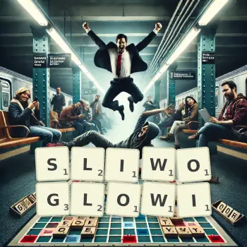 Kreatywna ilustracja do gry w Scrabble ze słowem SLIWOGLOWI ułożonym z płytek na planszy.