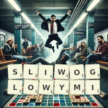 Kreatywna ilustracja do gry w Scrabble ze słowem SLIWOGLOWYMI ułożonym z płytek na planszy.