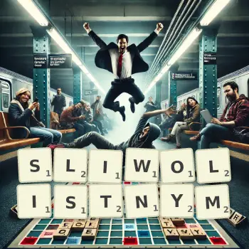 Kreatywna ilustracja do gry w Scrabble ze słowem SLIWOLISTNYM ułożonym z płytek na planszy.