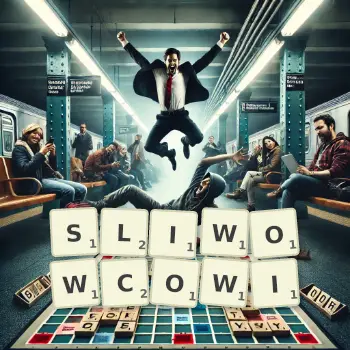 Kreatywna ilustracja do gry w Scrabble ze słowem SLIWOWCOWI ułożonym z płytek na planszy.