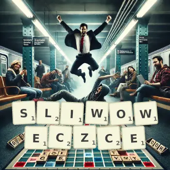 Kreatywna ilustracja do gry w Scrabble ze słowem SLIWOWECZCE ułożonym z płytek na planszy.