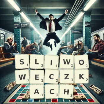 Kreatywna ilustracja do gry w Scrabble ze słowem SLIWOWECZKACH ułożonym z płytek na planszy.