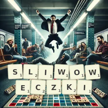 Kreatywna ilustracja do gry w Scrabble ze słowem SLIWOWECZKI ułożonym z płytek na planszy.