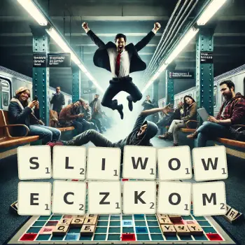 Kreatywna ilustracja do gry w Scrabble ze słowem SLIWOWECZKOM ułożonym z płytek na planszy.