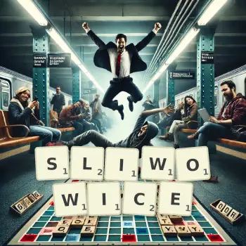 Kreatywna ilustracja do gry w Scrabble ze słowem SLIWOWICE ułożonym z płytek na planszy.