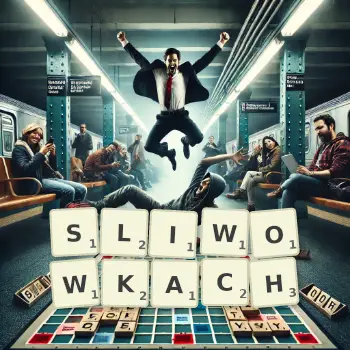 Kreatywna ilustracja do gry w Scrabble ze słowem SLIWOWKACH ułożonym z płytek na planszy.