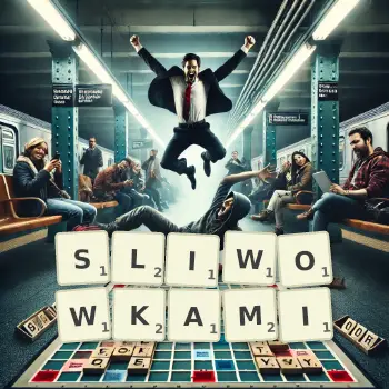 Kreatywna ilustracja do gry w Scrabble ze słowem SLIWOWKAMI ułożonym z płytek na planszy.