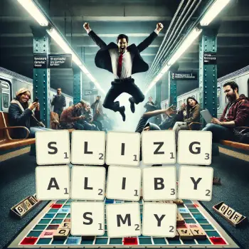 Kreatywna ilustracja do gry w Scrabble ze słowem SLIZGALIBYSMY ułożonym z płytek na planszy.