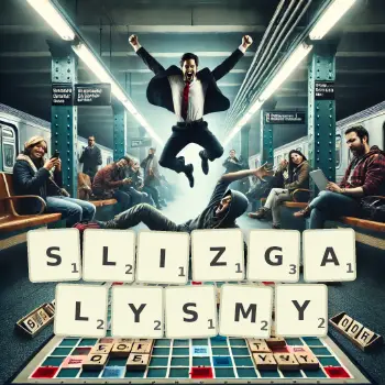 Kreatywna ilustracja do gry w Scrabble ze słowem SLIZGALYSMY ułożonym z płytek na planszy.