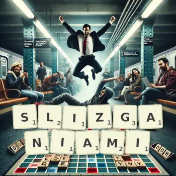 Kreatywna ilustracja do gry w Scrabble ze słowem SLIZGANIAMI ułożonym z płytek na planszy.