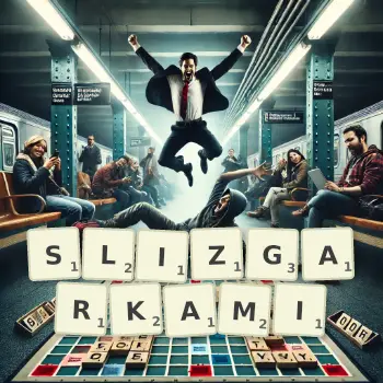 Kreatywna ilustracja do gry w Scrabble ze słowem SLIZGARKAMI ułożonym z płytek na planszy.