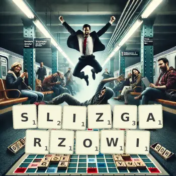 Kreatywna ilustracja do gry w Scrabble ze słowem SLIZGARZOWI ułożonym z płytek na planszy.