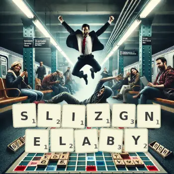 Kreatywna ilustracja do gry w Scrabble ze słowem SLIZGNELABY ułożonym z płytek na planszy.