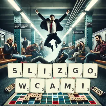 Kreatywna ilustracja do gry w Scrabble ze słowem SLIZGOWCAMI ułożonym z płytek na planszy.