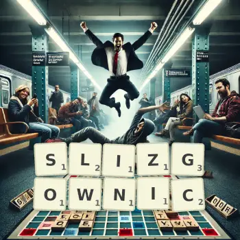 Kreatywna ilustracja do gry w Scrabble ze słowem SLIZGOWNIC ułożonym z płytek na planszy.