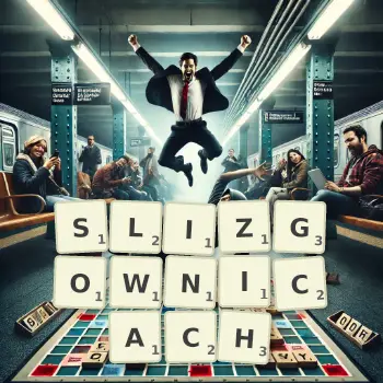 Kreatywna ilustracja do gry w Scrabble ze słowem SLIZGOWNICACH ułożonym z płytek na planszy.