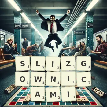 Kreatywna ilustracja do gry w Scrabble ze słowem SLIZGOWNICAMI ułożonym z płytek na planszy.