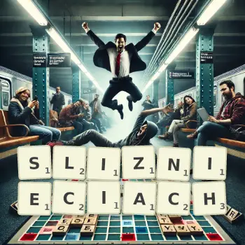 Kreatywna ilustracja do gry w Scrabble ze słowem SLIZNIECIACH ułożonym z płytek na planszy.