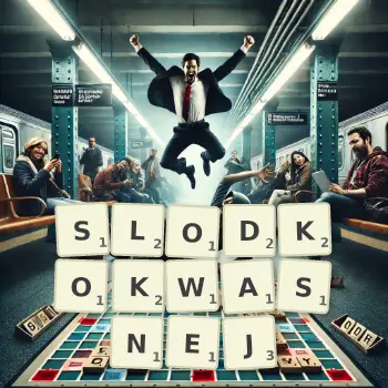 Kreatywna ilustracja do gry w Scrabble ze słowem SLODKOKWASNEJ ułożonym z płytek na planszy.