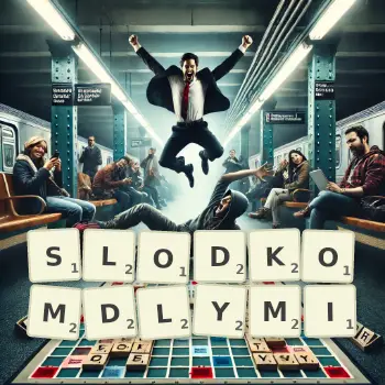 Kreatywna ilustracja do gry w Scrabble ze słowem SLODKOMDLYMI ułożonym z płytek na planszy.