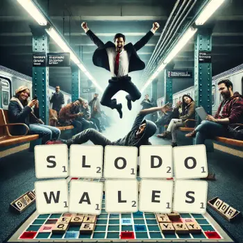 Kreatywna ilustracja do gry w Scrabble ze słowem SLODOWALES ułożonym z płytek na planszy.
