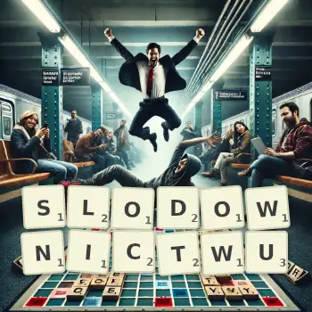 Kreatywna ilustracja do gry w Scrabble ze słowem SLODOWNICTWU ułożonym z płytek na planszy.