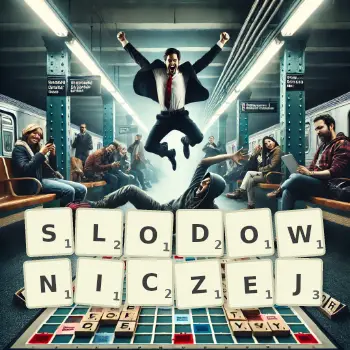 Kreatywna ilustracja do gry w Scrabble ze słowem SLODOWNICZEJ ułożonym z płytek na planszy.