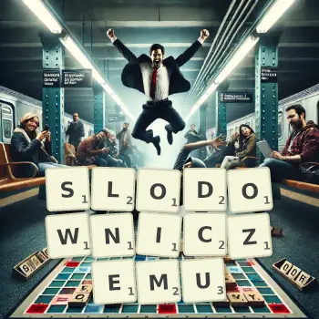 Kreatywna ilustracja do gry w Scrabble ze słowem SLODOWNICZEMU ułożonym z płytek na planszy.