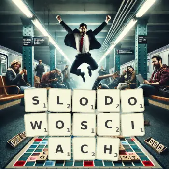 Kreatywna ilustracja do gry w Scrabble ze słowem SLODOWOSCIACH ułożonym z płytek na planszy.