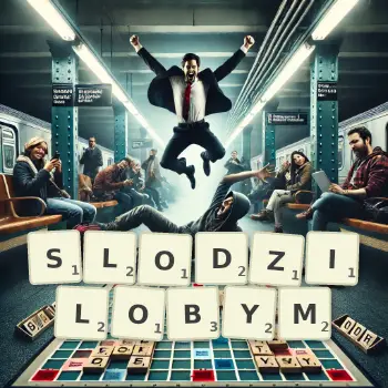 Kreatywna ilustracja do gry w Scrabble ze słowem SLODZILOBYM ułożonym z płytek na planszy.