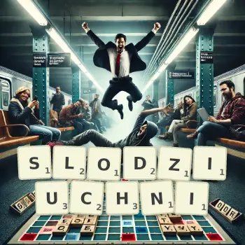 Kreatywna ilustracja do gry w Scrabble ze słowem SLODZIUCHNI ułożonym z płytek na planszy.