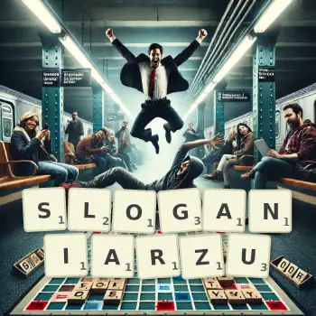 Kreatywna ilustracja do gry w Scrabble ze słowem SLOGANIARZU ułożonym z płytek na planszy.