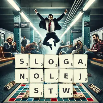 Kreatywna ilustracja do gry w Scrabble ze słowem SLOGANOLEJSTW ułożonym z płytek na planszy.