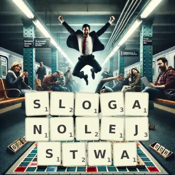 Kreatywna ilustracja do gry w Scrabble ze słowem SLOGANOLEJSTWA ułożonym z płytek na planszy.